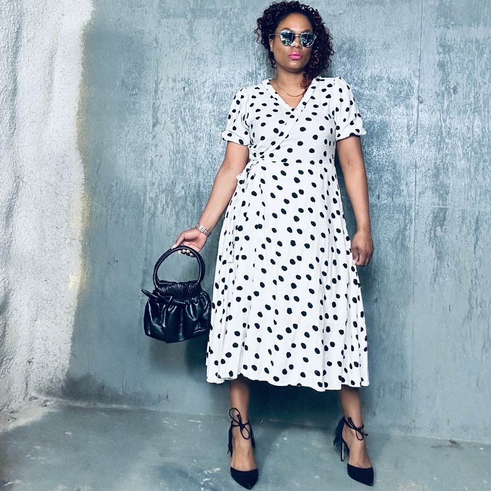 Polka Dot Midi Wrap Dress, M, fits M/L